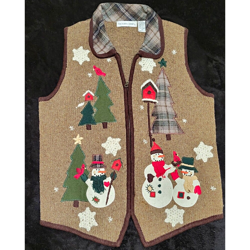 Victoria Jones Women's Size Medium Full Zip Collared Knit Vest Christmas Snowman